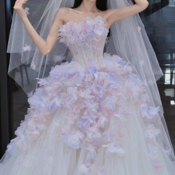 Fairy Tale Garden Wedding Gown Lilac/Blush Multi-Layer Tulle Flower Dress - Picture 2 of 6